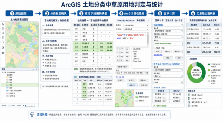 ArcGIS 土地分类中草原属于什么用地的判定与统计流程图
