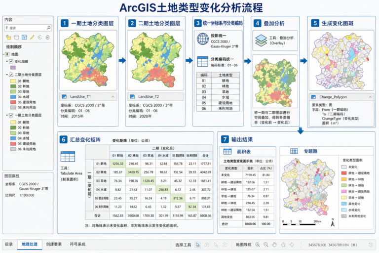ArcGIS 土地类型变化分析与 ArcGIS 土地分类方法流程图