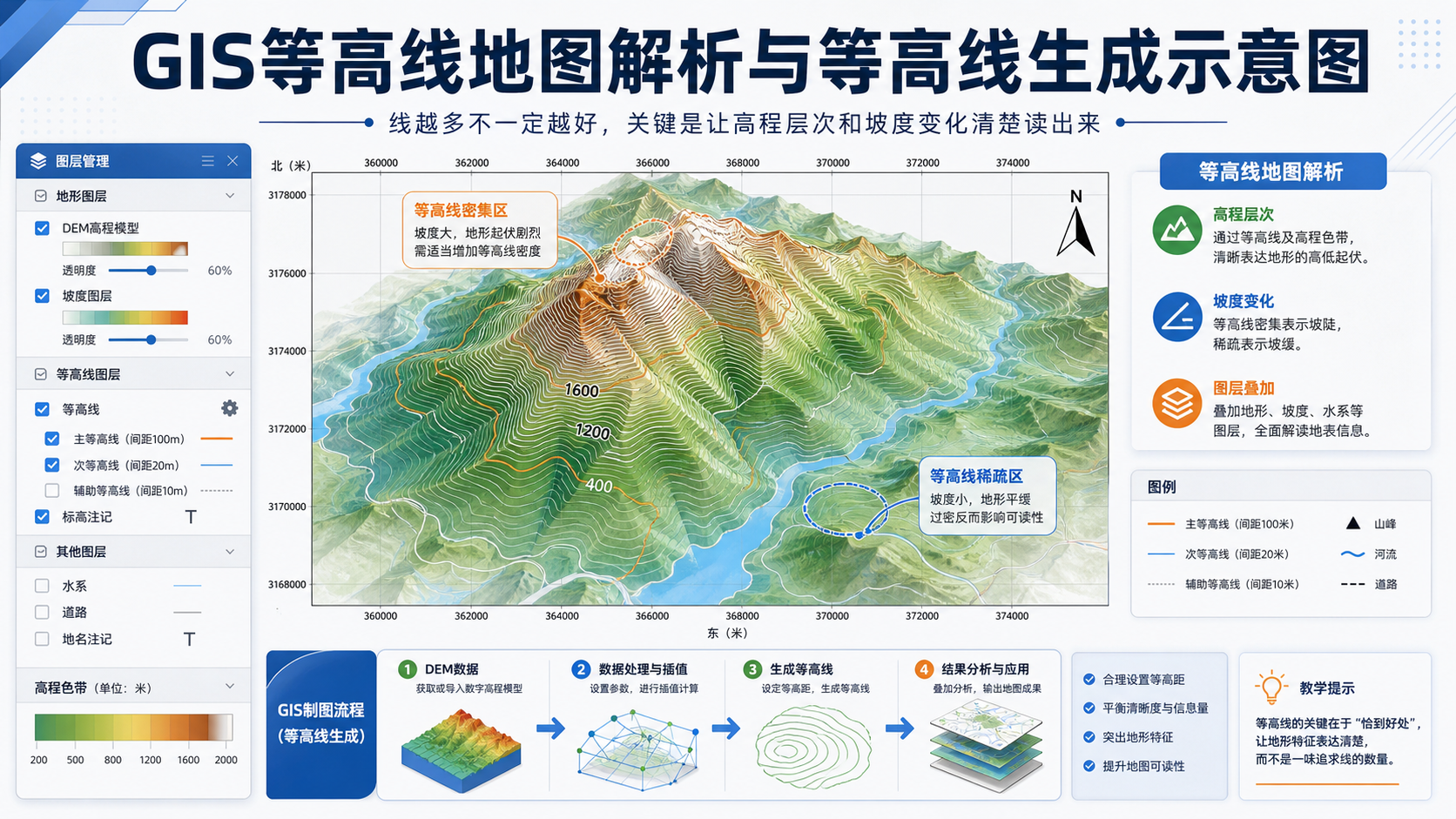 GIS等高线地图解析与等高线生成示意图