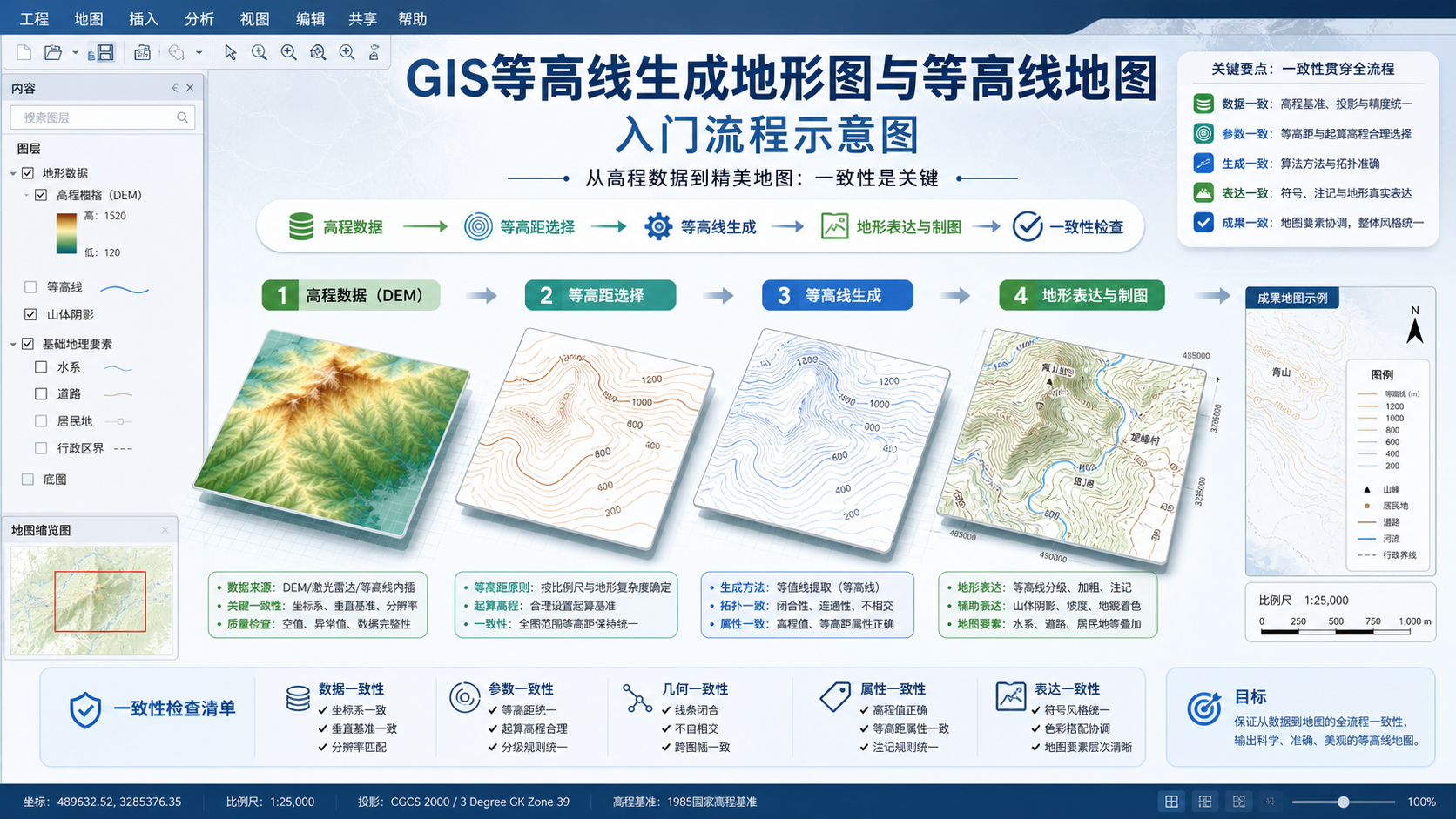 GIS等高线生成地形图与等高线地图入门流程示意图