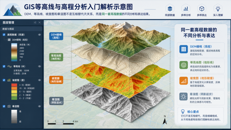 GIS等高线与高程分析入门解析示意图