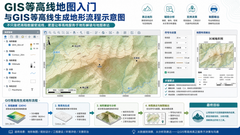 GIS等高线地图入门与GIS等高线生成地形流程示意图