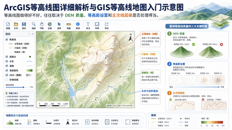 ArcGIS等高线图详细解析与GIS等高线地图入门示意图