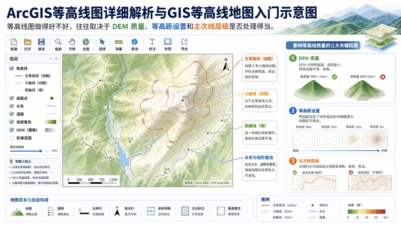 ArcGIS等高线图详细解析与GIS等高线地图入门示意图