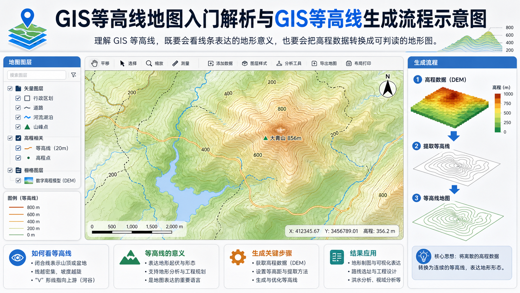 GIS等高线地图入门解析与GIS等高线生成流程示意图
