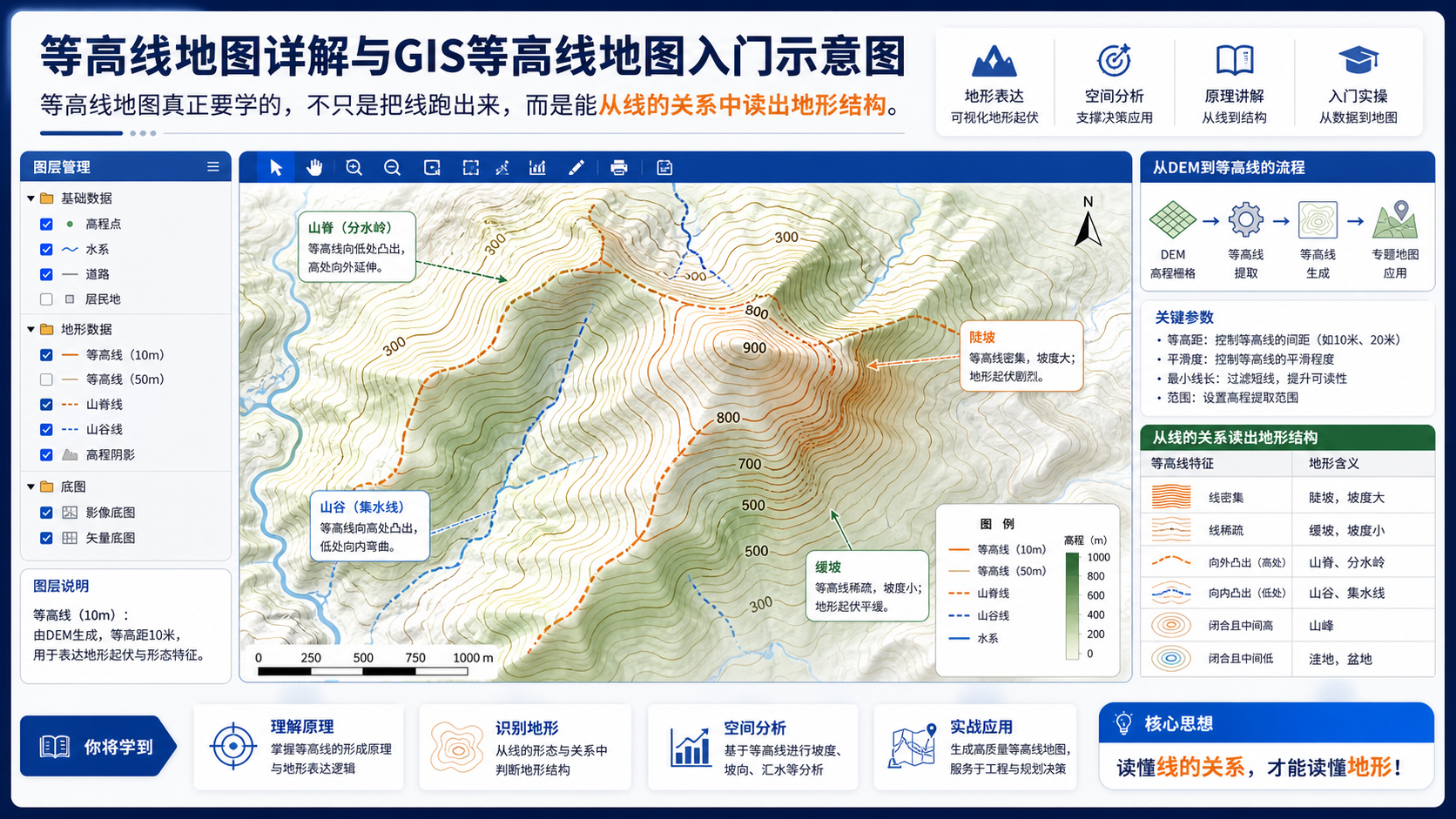 等高线地图详解与GIS等高线地图入门示意图