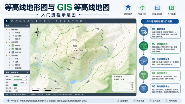 等高线地形图与 GIS 等高线地图入门流程示意图
