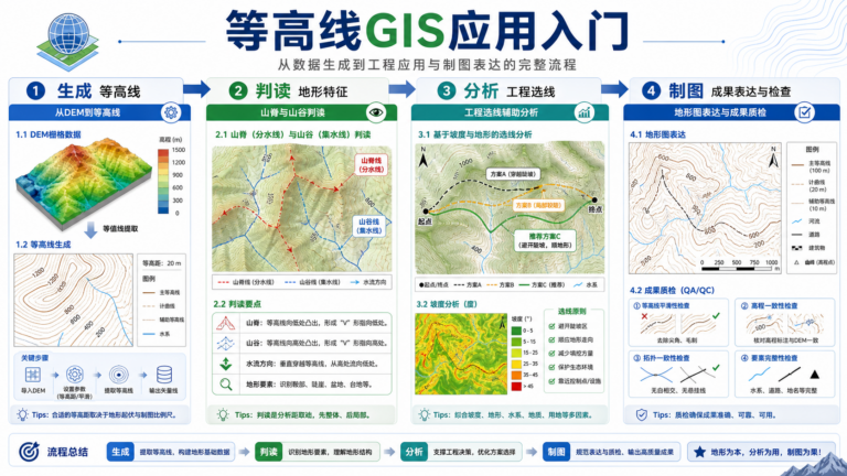 等高线GIS应用与GIS等高线地图入门流程示意图