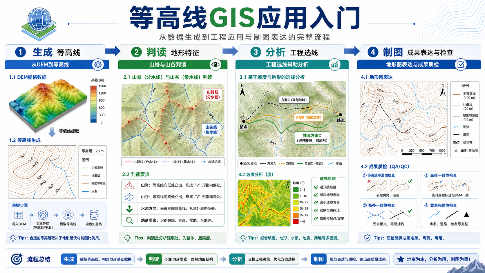 等高线GIS应用与GIS等高线地图入门流程示意图