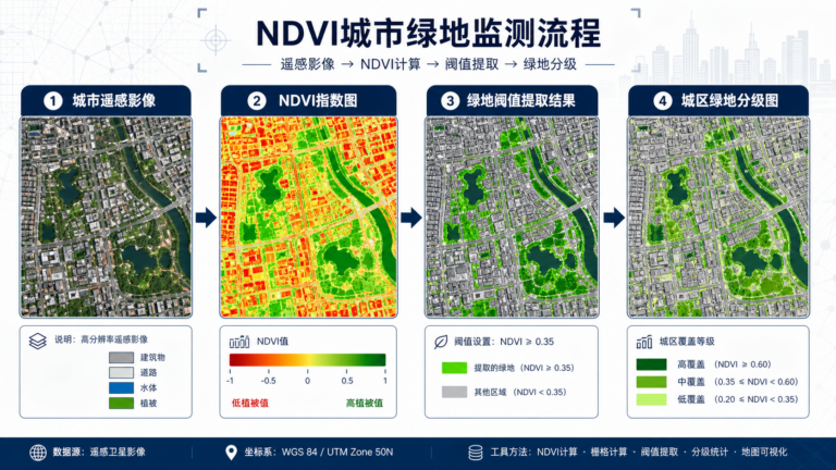 NDVI城市绿地监测与城市绿地调查分析流程示意图