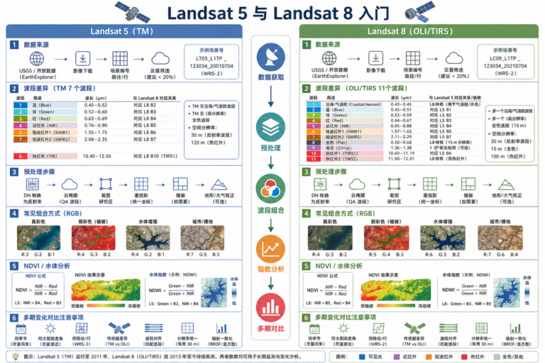 Landsat 5 与 Landsat 8 区别及 GIS 遥感处理流程示意图