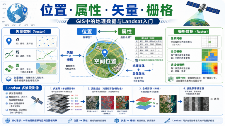 GIS中的地理数据与Landsat栅格数据入门示意图