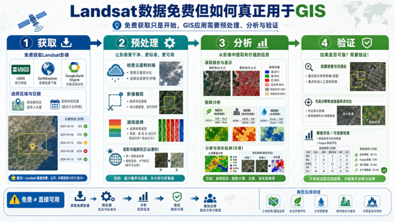 Landsat数据免费获取与GIS Landsat入门流程示意图