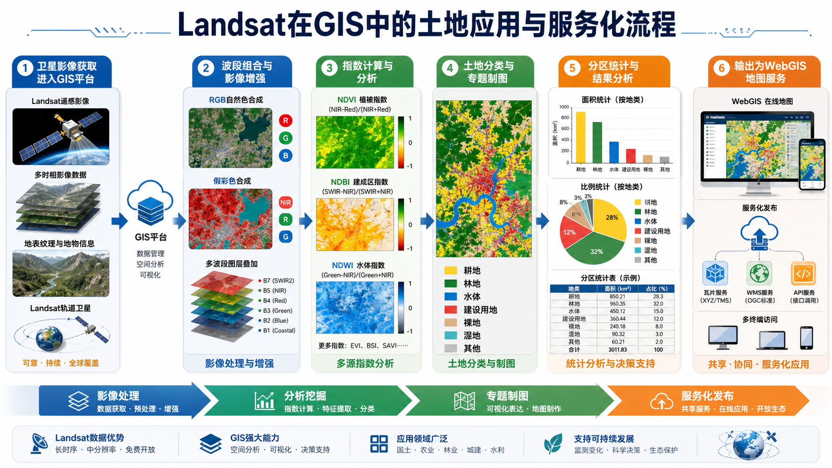 Landsat土地分析与GIS服务化流程示意图