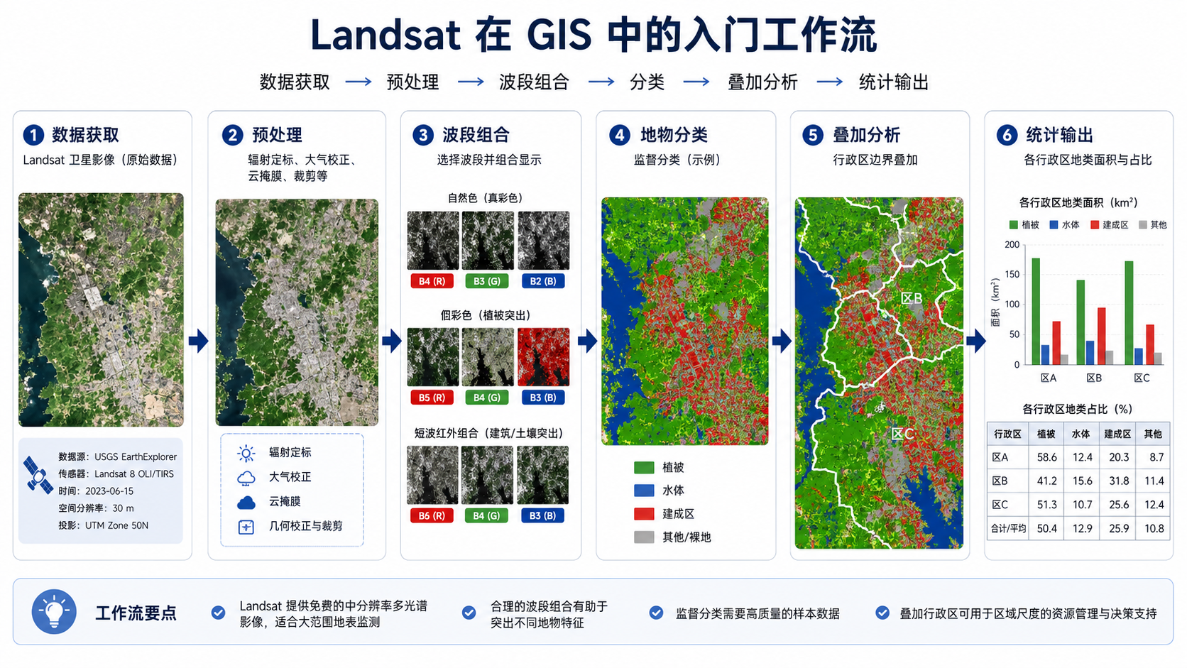 Landsat 在 GIS 中的入门分析流程示意图