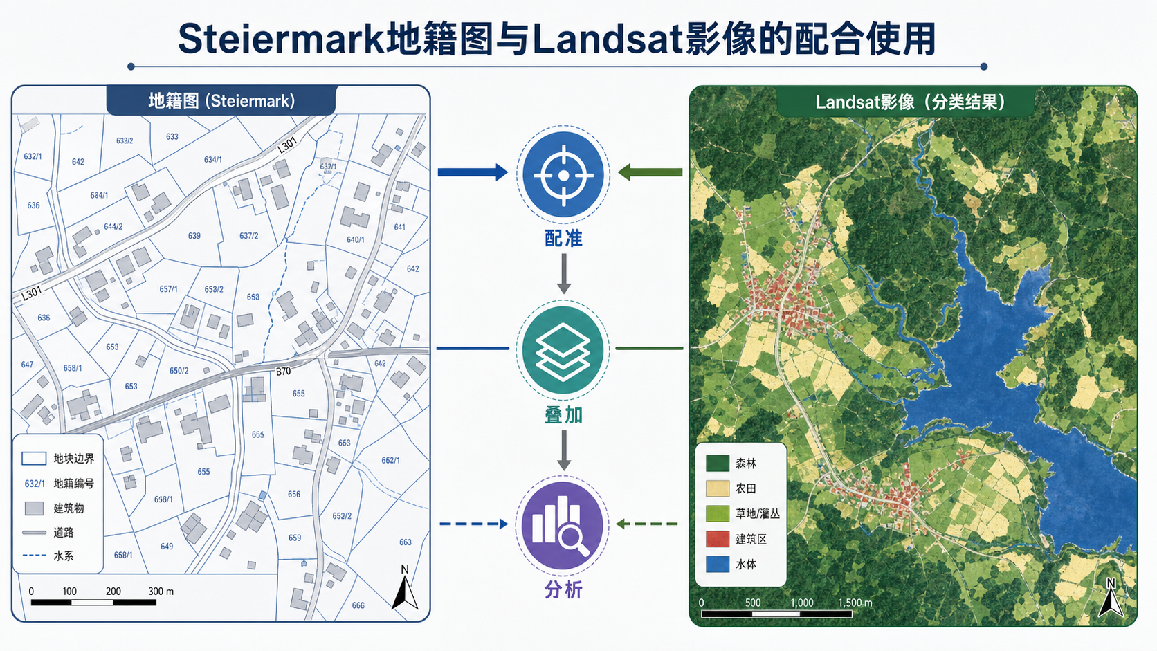 gis land steiermark kataster与gis Landsat配合分析示意图