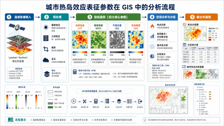 gis 城市热岛效应入门指南与城市热岛效应表征参数分析流程示意图