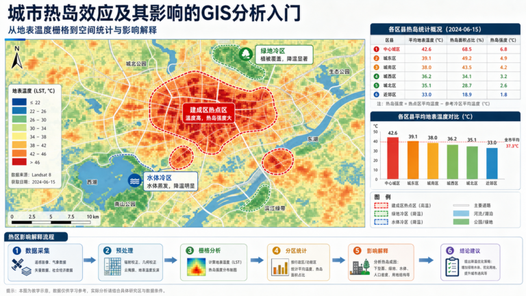 gis 城市热岛效应入门指南与城市热岛效应及其影响分析流程示意图