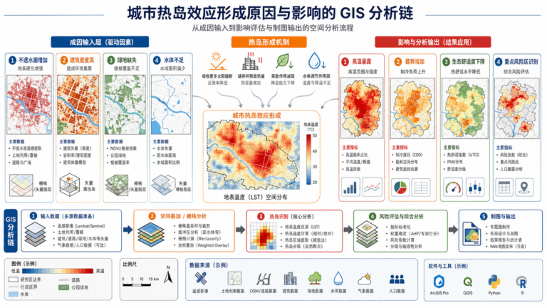 gis 城市热岛效应入门指南与城市热岛效应形成原因及影响分析流程示意图