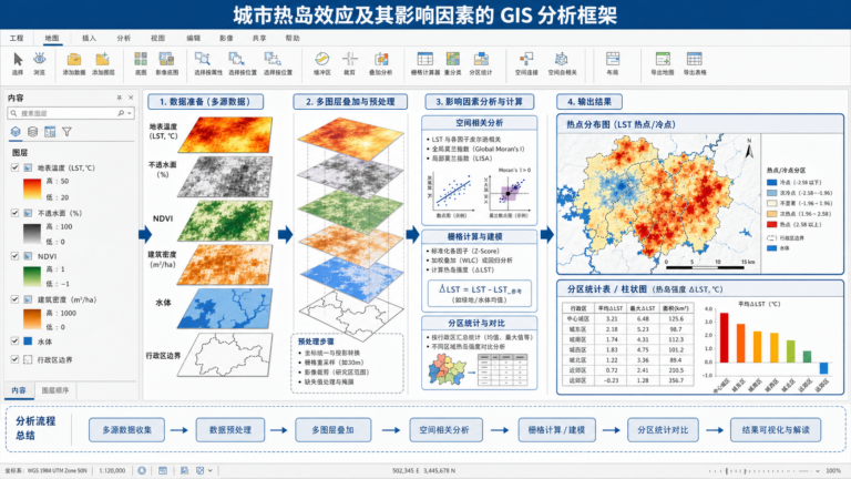 城市热岛效应及其影响因素解析与gis城市热岛效应入门流程示意图