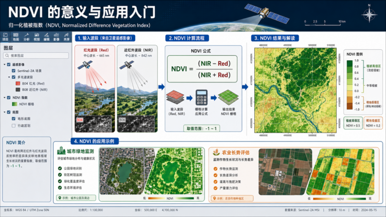 探索NDVI：了解植被指数的意义与应用流程示意图