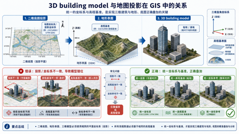 gis 3d building model详解与gis地图投影原理分析流程示意图