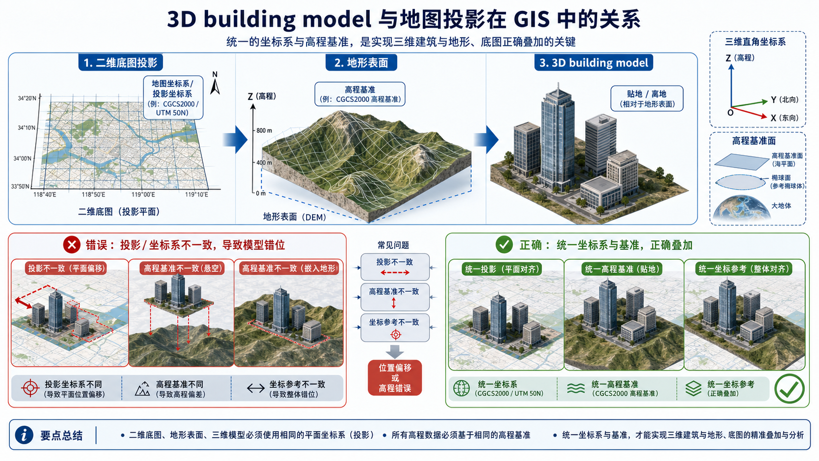 gis 3d building model详解与gis地图投影原理分析流程示意图