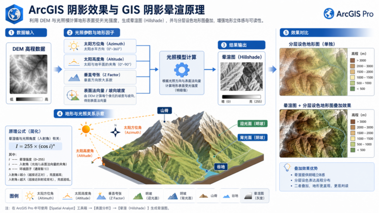 arcgis阴影效果详解与gis阴影晕渲原理流程示意图