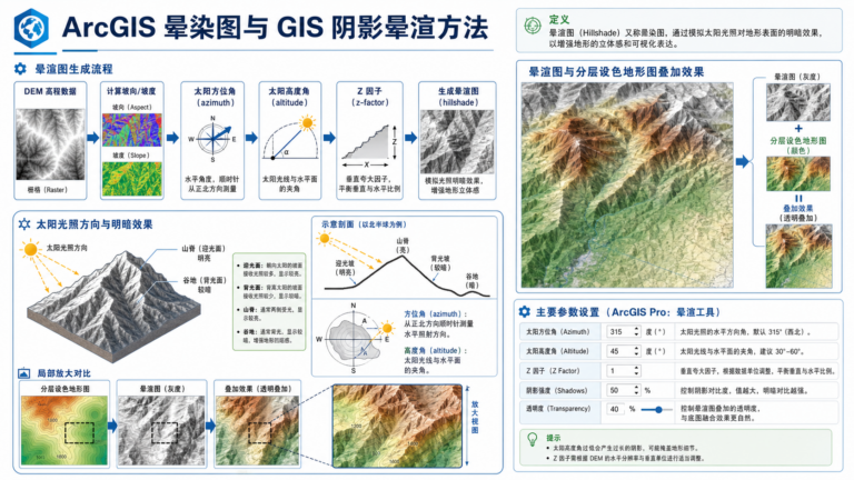 arcgis晕染图详解与gis阴影晕渲方法流程示意图