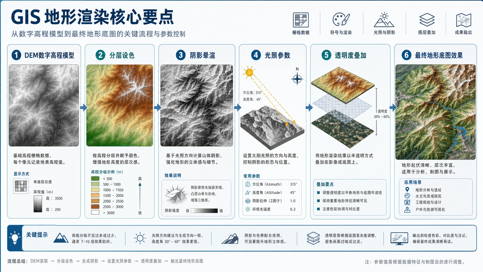 gis阴影晕渲入门指南与gis地形渲染核心要点流程示意图