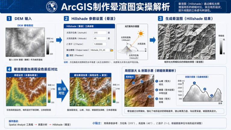 arcgis制作晕渲图实操解析与gis阴影晕渲流程示意图