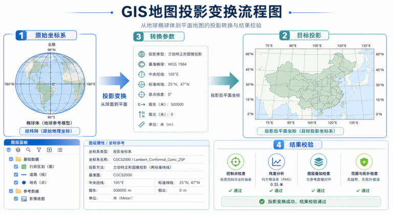 GIS地图投影变换与gis地图投影入门流程示意图