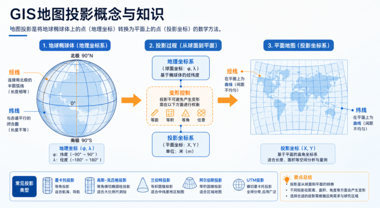 gis地图投影概念详解与gis地图投影知识示意图
