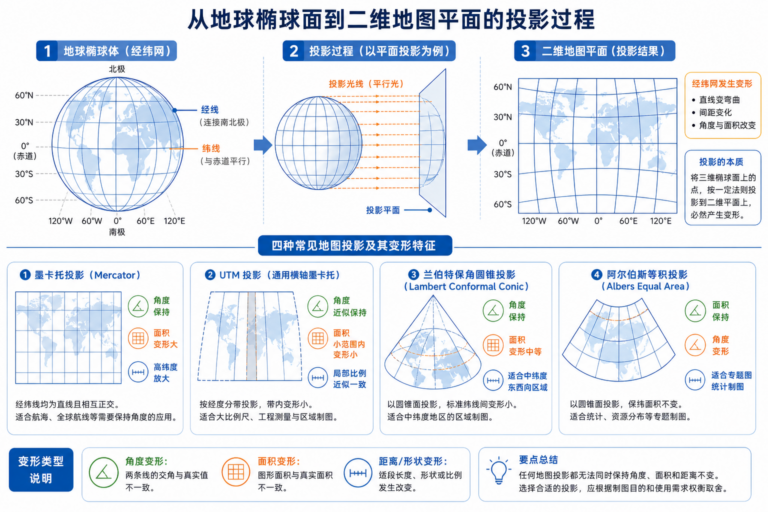 GIS地图投影有哪些与GIS地图投影原理示意图