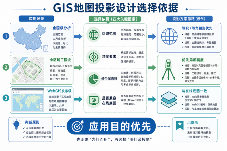 GIS地图投影设计一般以什么为宜的选择依据示意图