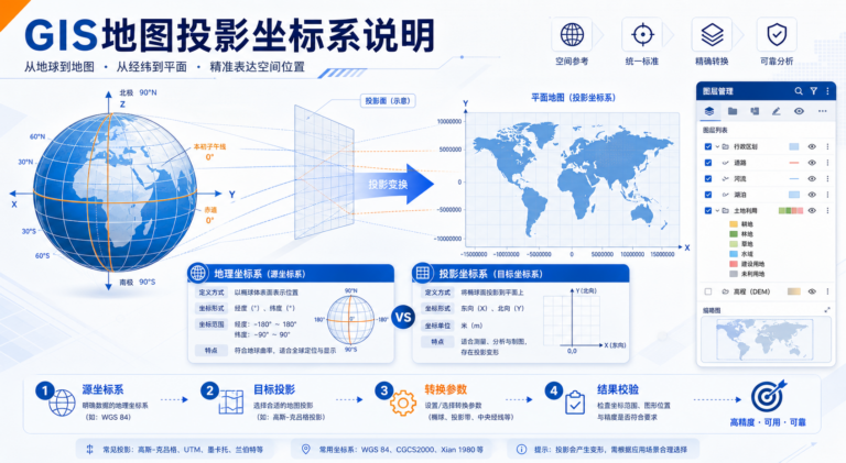GIS地图投影坐标系说明与gis地图投影流程示意图