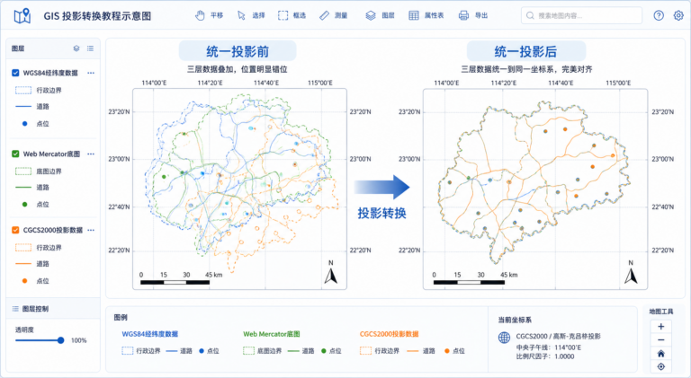 GIS地图投影转换与gis地图投影转换方法示意图