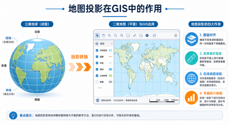 地图投影在GIS中的作用与gis地图投影示意图