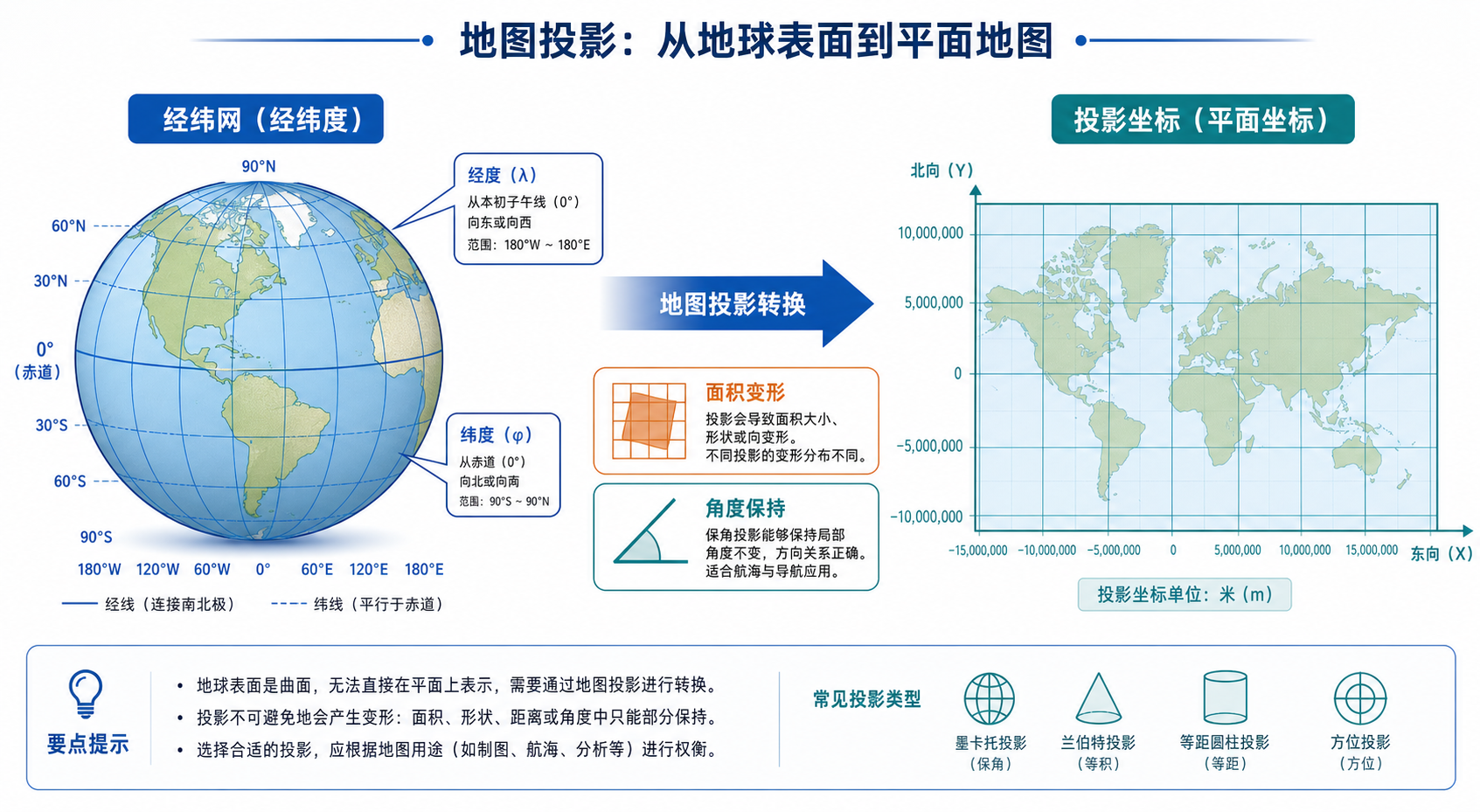 gis地图投影入门指南 地图投影基础知识示意图