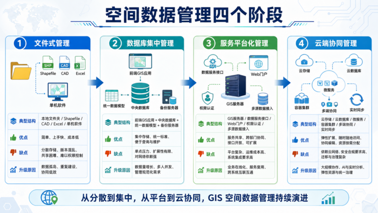 空间数据管理经历的四个阶段示意图