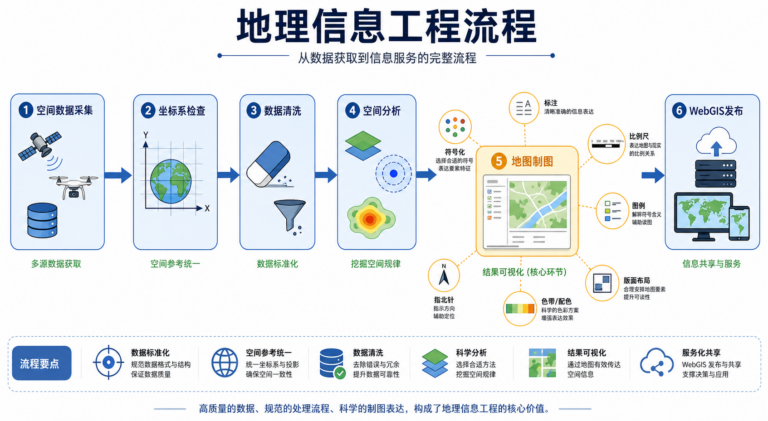 地理信息工程入门与地图制图学流程示意图